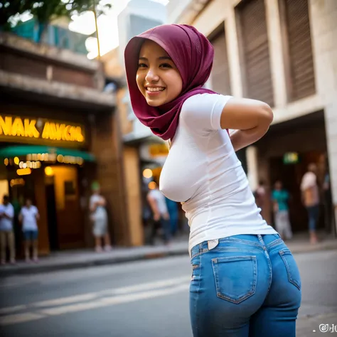 1 malay woman in hijab,((wear tight white shirt with tigh jean)),(big buttockig round ass, , laughing smile, (hijab flying), de pele branca,big breasts thin waist, mexico-style street, Hyper-Realism, Cinematic lighting, depth of fields, From back below, va...