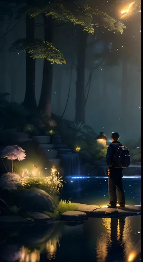 Masterpiece, best quality, (very detailed CG unity 8k wallpaper), (best quality), (best illustration), (best shadows), glow sprite, with a glowing deer, in the swimming pool Drinking water, natural elements in the forest theme. Mysterious forest, beautiful...