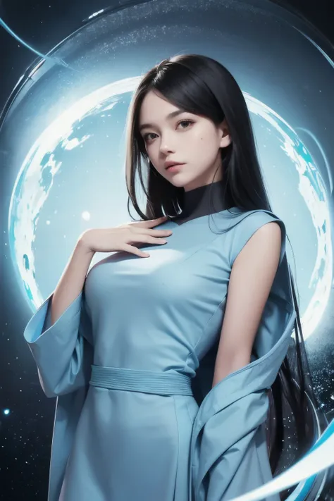 A beautiful woman wearing modern clothes in light blue tones. Black hair. The woman looks over her shoulder at the camera as she prepares to enter the wormhole. 8K image quality.