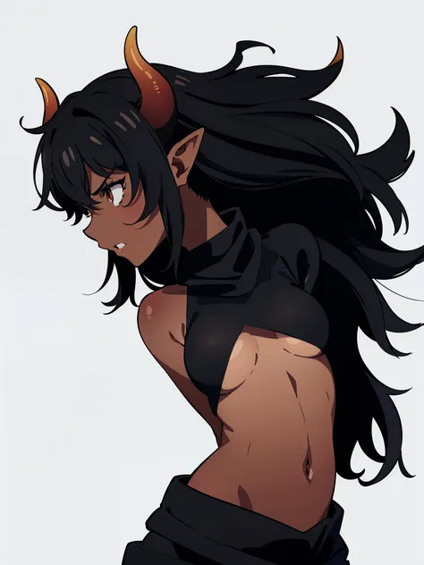 1girl,20 years,solo,mature female,((dark skin)),long hair,black hair,elf ears,(horns),black scarf,(((white background))),black tank top,angry,profile,bare belly,upper body,solo