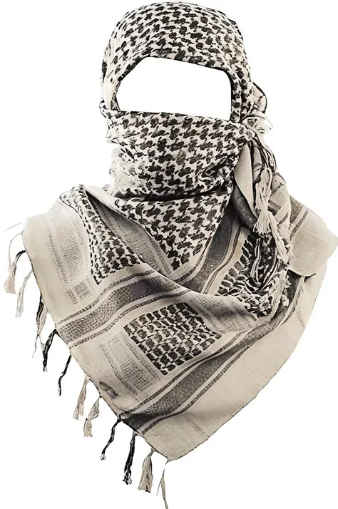 a close up of a person wearing a scarf and a head covering, scarf, head scarf, patterned scarf, wearing a scarf, white scarf, bandana, face is wrapped in a black scarf, balaclava covering face, shawl, 2 0 2 0 fashion, sunglasses and a scarf, wearing a head...