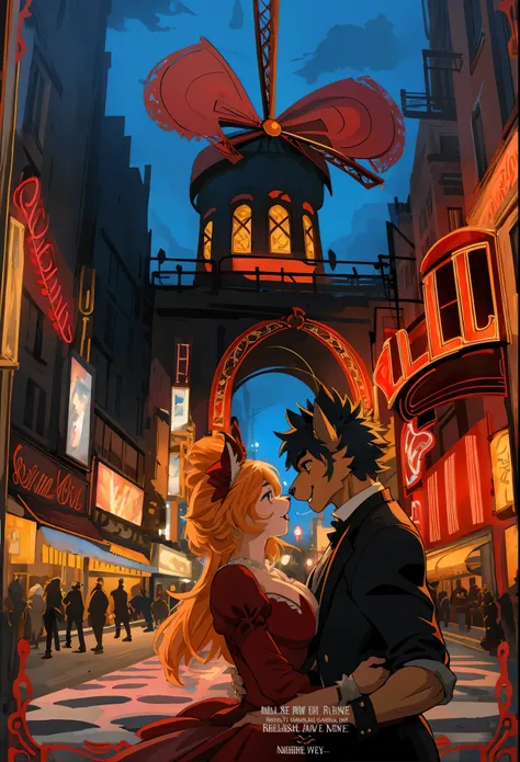 top quality, highres, High-quality illustrations, unparalleled masterpiece, arafed image of a couple in a city street at night(furry, anthro, kemono, couple, pair, 1girl, 1boy, close-up)moulin rouge, moulin rouge, movie artwork, concept art of love, movie ...