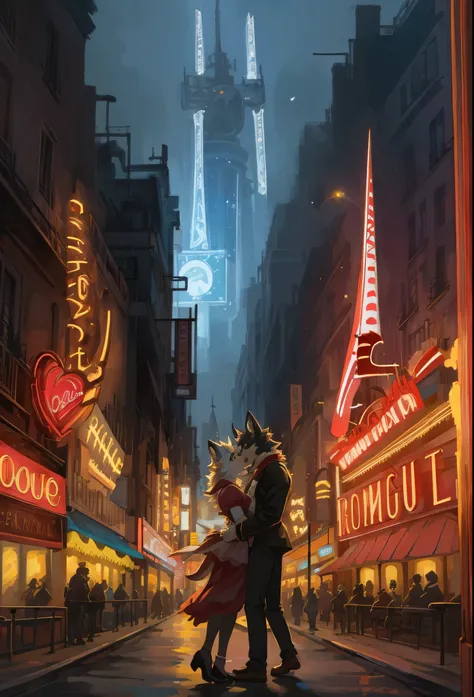 top quality, highres, High-quality illustrations, unparalleled masterpiece, arafed image of a couple in a city street at night(furry, anthro, kemono, couple, pair, 1girl, 1boy, close-up)moulin rouge, moulin rouge, movie artwork, concept art of love, movie ...