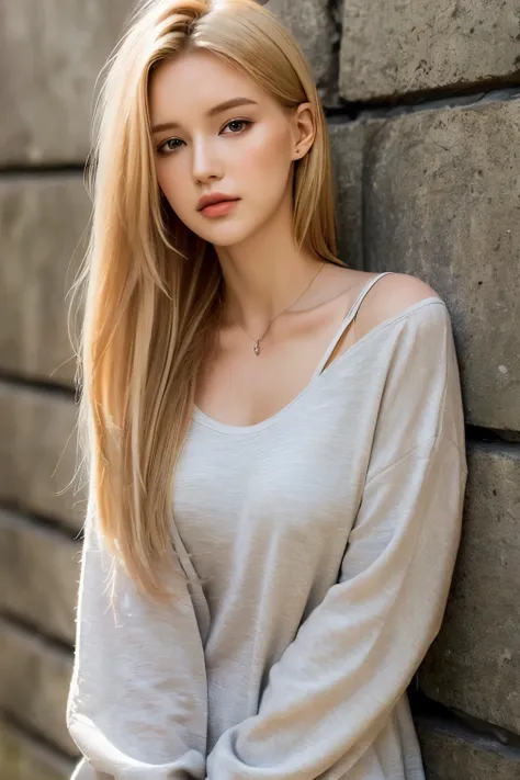 (Just a 21-year-old girl from Czech Republic: 1.3), (Realistic depiction: 1.2), (Subtle makeup: 1.2), (Casual outfit: 1.3), Long Blonde Hair, Slender Figure, (Gentle lighting: 1.1), (Close-up: 1.2), (Elegant neckline: 1.1), (Leaning against a wall: 1.3), (...