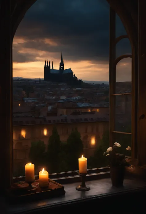 Im looking at the Gothic city from the large window of a cozy Gothic apartment. Im standing quite close, but I can also see the surroundings of the apartment. There are books and candles in front of me. In front of me is an old table with various things. I...