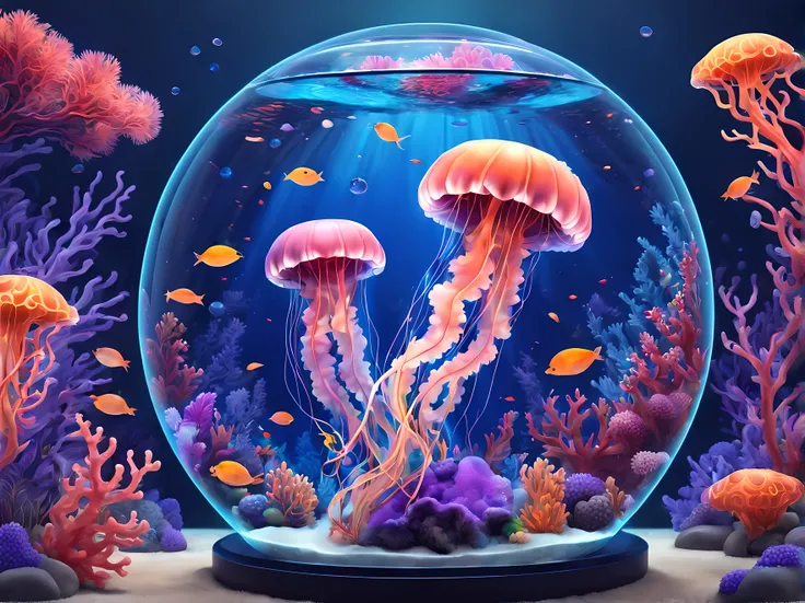 (cute cartoon style:1.4), masterpiece in maximum 16K resolution, design a enchanting scene featuring majestic jellyfish gracefully floating inside a round aquarium, surrounded by vibrant coral reefs and exotic underwater flora, against the backdrop of (abs...