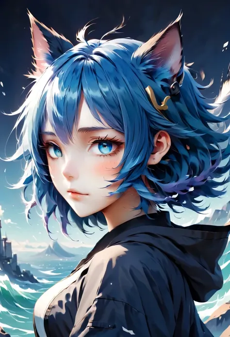 Blue hair cat ears anime girl, 2D animation style, waves, 2D animation, Anime cute art style, by Shitao, I would deny this, anime style 4k, QR diagram art, QR diagram art, anime girl profile, from Arknights, By Prue, No type, Communication kamaguka, return