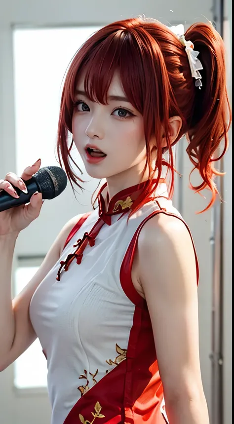 (((red cheongsam、beautiful woman、Red hair、Hairstyle is side ponytail、Singing、I have a microphone、)))、(((The background is a pure white wall)))、bust shot、sad expression、enthusiastic singing、sweating、A painful look、facing forward