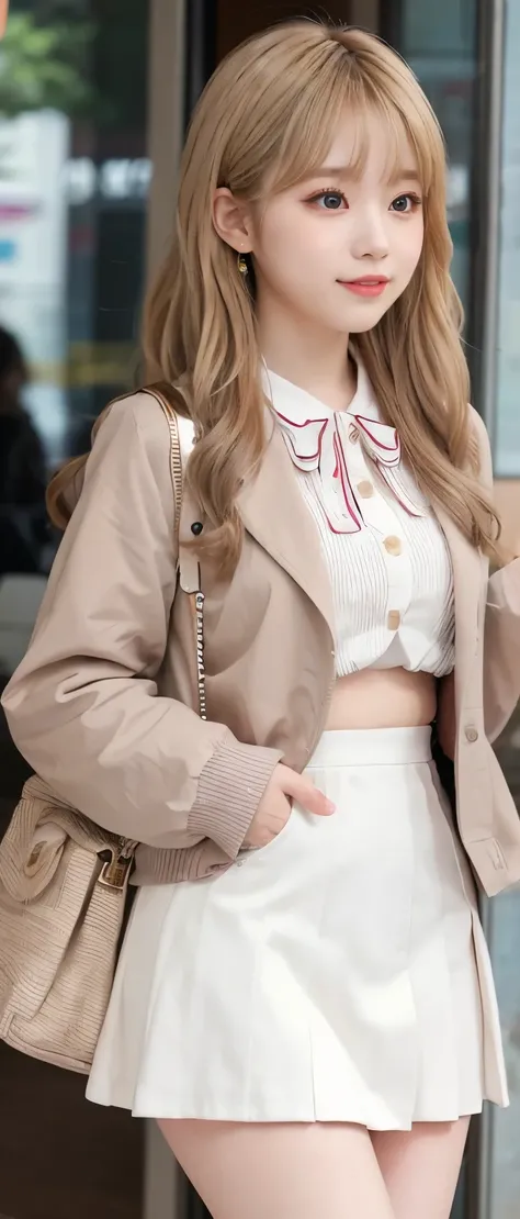 Gorgeous Idol、whole body、good style、、、、、colorful jacket、white tight mini skirt、Blonde Wavy Hair