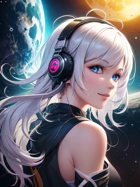 (on the moon, space, looking back into earth), white hair, black tank top, volumetric lighting, white jacket, glowing headphone, cyberpunk, futuristic, multi-color eyes, detailed eyes, hyper detailed,light smile,highly detailed, beautiful, small details, u...