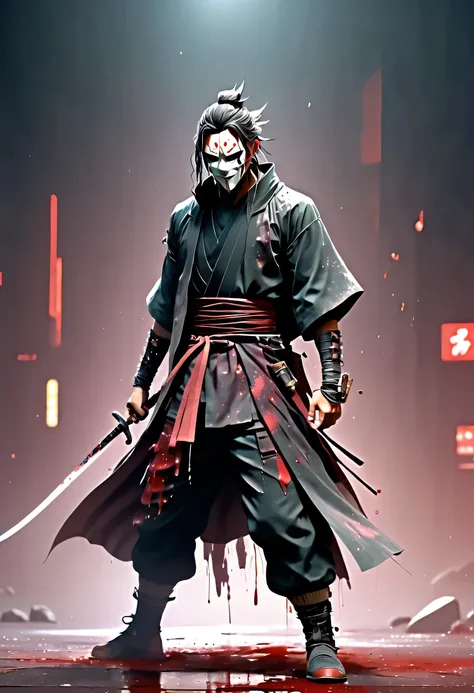 sh4g0d风格赛博朋克武士，(cape mask:1.2),(Strong dynamic stance:1.5)，(struggle:1.3)，(blood spatter)，Strong，His face is very determined， 8k, super detailed, precise, best quality