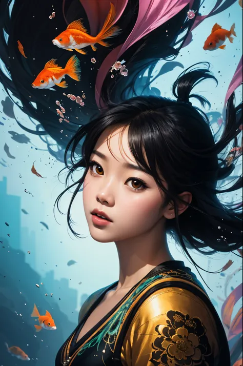 Perfect centralization of Thai women, Black goldfish miracle, joy, Standing position, abstract beauty, centered, looking at the camera, facing camera, Approaching perfection, dynamic, high-detail, smooth, crisp focus, 10, high-res, illustration, Art by Car...