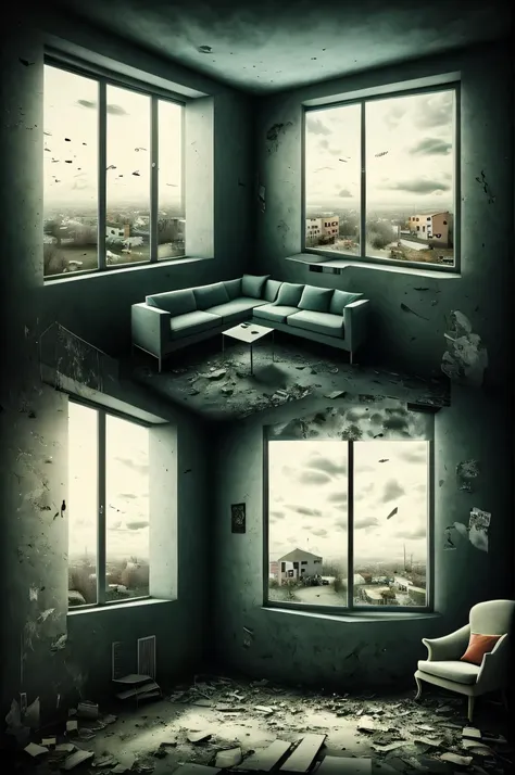 a happy head is in the apartment seated in the sofa looking around to the abandoned place with the sky and clouds penetrating inside the apartment, beautiful surreal background with objects from former times glued to the walls and floating embbeded in the ...