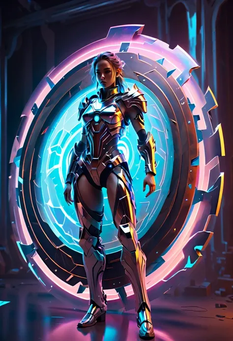 (Legendary Energy Light Shield:1.5)，Sci-fi transparent ethereal shield，Future female warrior holding a large shield，Mechanical Female Warrior，Mechanical structure，cyberpunk，Holographic projection，fault art，mechanical aesthetics，neon lights，laser light，fluo...