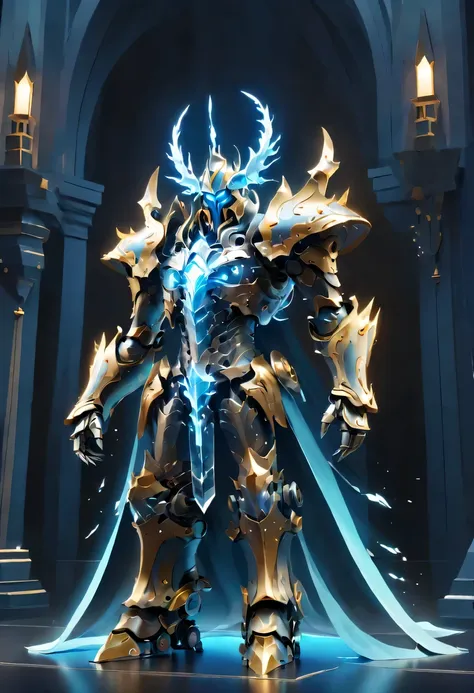 translucent ethereal future weapon lich king，metal mechanical surface，mechanical joint，wearing a mecha,mechanical structure，liqu...