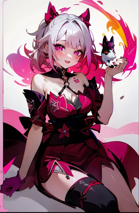 a drawing of a woman in a cat suit holding a fire purple, 1boy, black outfit, pink sekunder color, white hair, tail wolf, sparkl...