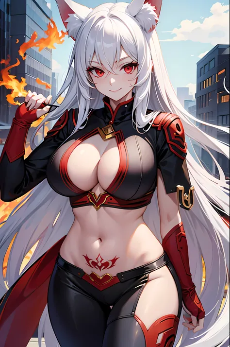 (sexy중년여성:1.2), long white hair, red eyes, fox ears, superhero uniform, red flames, open your stomach, (tattoo on stomach), Neckline on the chest, laugh, masterpiece, high quality , (alone) ,sexy , big bust , wide hips