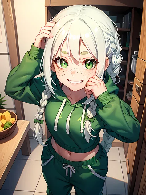 1girl, two braids white hair, green eyes, wearing green hoodie, green sweats, freckles, cute face, smile, full body