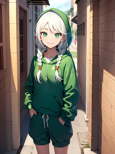 1girl, two braids white hair, green eyes, wearing green hoodie, green sweats, freckles, cute face, smile, full body