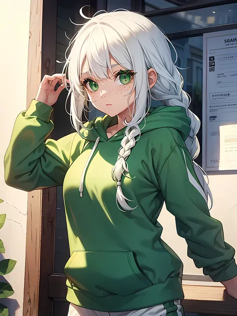 1girl, two braids white hair, green eyes, wearing green hoodie, green sweats, freckles, cute face