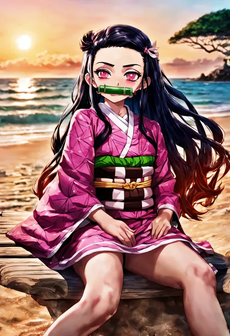 do nezuko , personagem feminina de 14 anos do anime demon slayer , relaxando na praia numa cadeira de praia,enfatize o relaxamen...