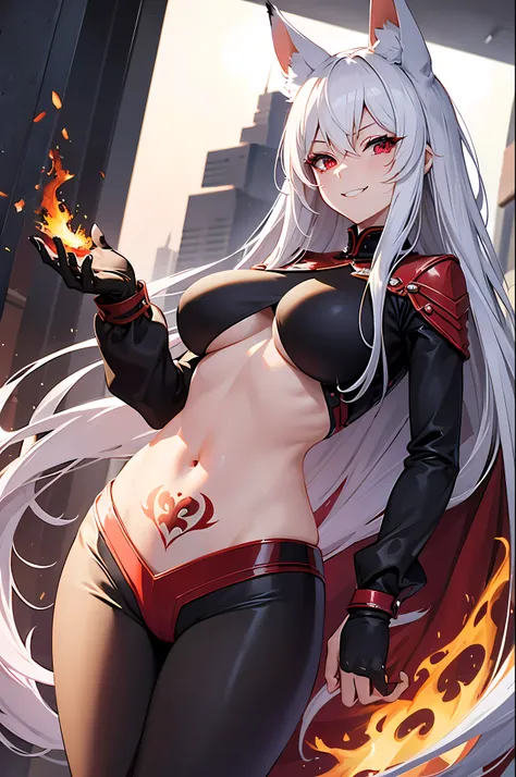 (sexy중년여성:1.2), long white hair, red eyes, fox ears, superhero uniform, red flames, open your stomach, (tattoo on stomach), Neckline on the chest, laugh, masterpiece, high quality , (alone) ,sexy , big bust , wide hips