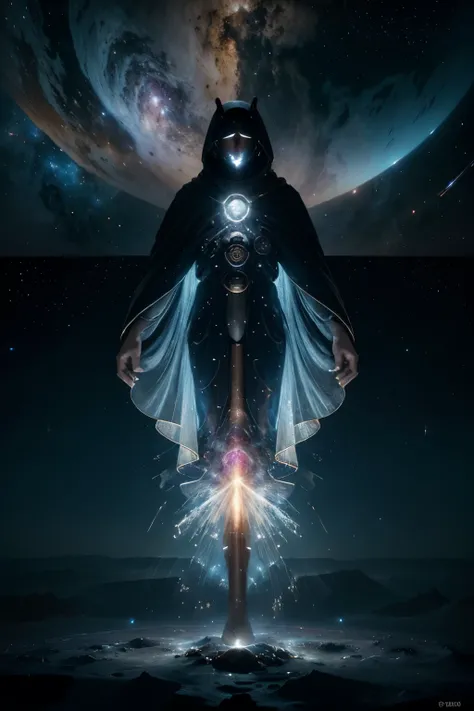 A stunning image evoking the magnificence of the James Webb Space Telescope, features the figure of a robed celestial craftsman whose shape is molded by the nebulae and stars that make up the vast universe. In this depiction, the cosmos itself becomes the ...