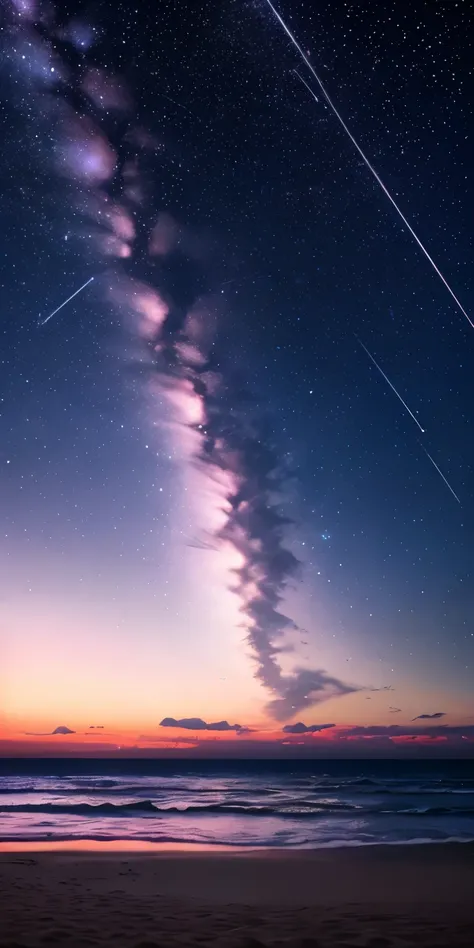 night, pink sky, Pastel pink clouds, pink waves Sparkling, Sparkling, night starry sky, shooting star, soft lighting, ultra hd, realism, cinematic effect, Lens flare, Aperture 16, beautiful scenery