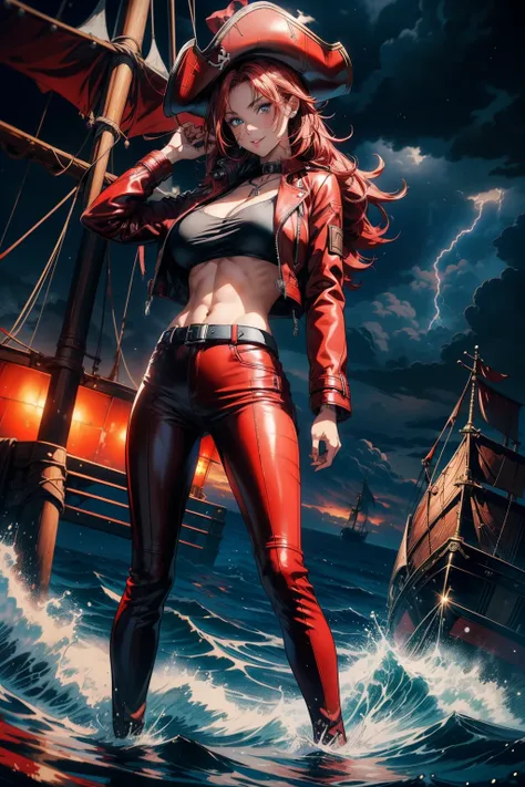 (best quality, masterpiece, ultra high resolution), (8k wallpaper, high-definition, HDR, RAW), (authenticity: 1.4), (full body shot), 1girl, ((Anime girl)), ((Fantasy Pirate)), ((Pirate hat)), ((Red hair blowing in the wind)), ((Blue eyes)), amazing slim a...