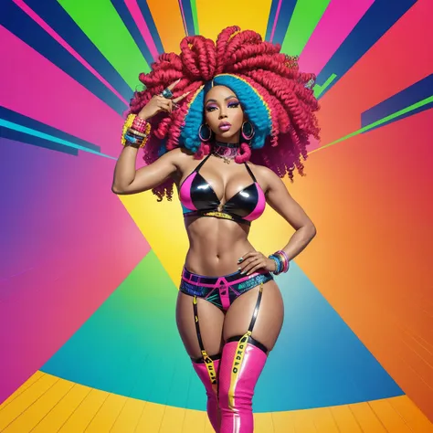 A bold and vivacious portrait of Nicki Minaj, the electrifying rapper, a 37-year-old woman of Afro-Trinidadian descent, with bright curly hair adorned with colorful wigs and extravagant accessories, wearing stylish and revealing outfits, pose confidently w...