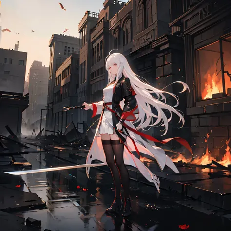 Assassins, in the city of Babylon, fog, a thin sword, white hair, medium length hair, standing on one of the destroyed houses, fire, high resolution, boy 1, modern clothes, in a dark fantasy world, a lake in a red rose, reflection 