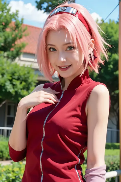 1female, haruno sakura in anime naruto shippuden, short hair , pink hair, green eyes, smile, beautiful, red clothes, realistic c...