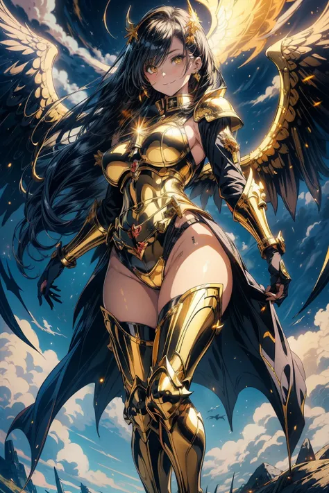 (best quality, masterpiece, ultra high resolution), (8k wallpaper, high-definition, HDR, RAW), (authenticity: 1.4), (full body shot), 1girl, ((Anime Angel)), ((Dark angel of death)), ((Large angel wings)), ((Shiny golden armor)), ((Yellow eyes)), amazing s...