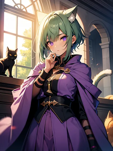 highest quality、very delicate and beautiful、(teenage girl)、purple eyes、(green hair)、(short hair)、purple tie、I、short sleeve、purple skirt、purple wizard&#39;robe of、navel cat、((Cat ear))