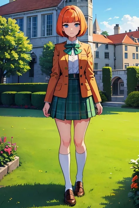 young girl, bob hair cut, blue eyes, chin-length Venetian-blonde hair, red hair, wears her green boarding school uniform, green jacket and tartan patterned blue and orange skirt., 4k, masterpiece, alyssa hamilton clock tower 3, in a garden , looking at vie...