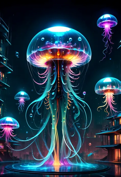 The jellyfish pavilion of the future,Mechanical水母亭子,Sci-Fi Jellyfish House,Surreal jellyfish architecture,bioMechanical style Ultra detailed illustrations, phantom magical creature, (Translucent skin: 1.5), (translucent body: 1.5) multiple sclerosis. scif&...
