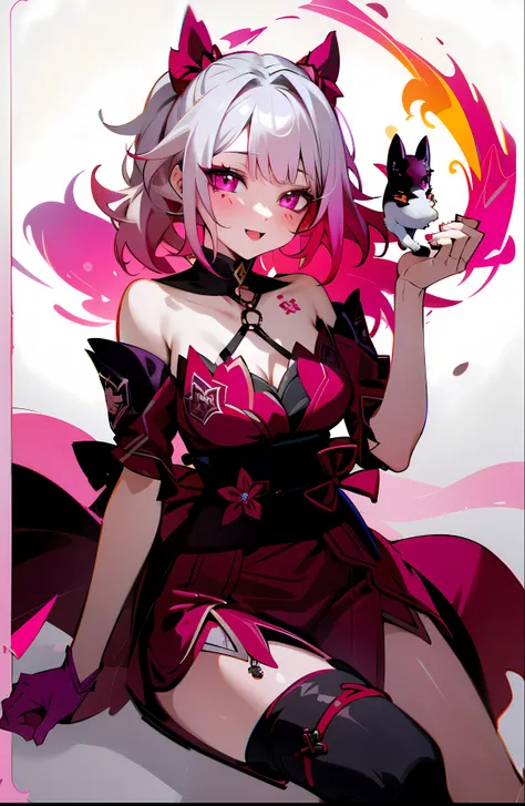 a drawing of a woman in a cat suit holding a fire purple, 1boy, black outfit, pink sekunder color, white hair, tail wolf, sparkle outfit