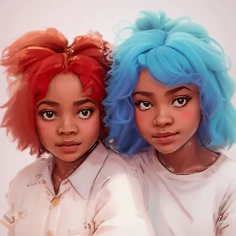 colored illustration of two young girls with long hair standing next to each other, trending on artstration, by Chinwe Chukwuogo-Roy, beautiful gemini twins portrait, amazing likeness, amazing art, by Charly Amani, loish and wlop, by Nadir Afonso, cgsociet...