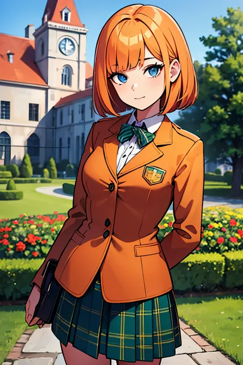 young girl, bob hair cut, blue eyes, chin-length Venetian-blonde hair, red hair, wears her green boarding school uniform, green jacket and tartan patterned blue and orange skirt., 4k, masterpiece, alyssa hamilton clock tower 3, in a garden , looking at vie...