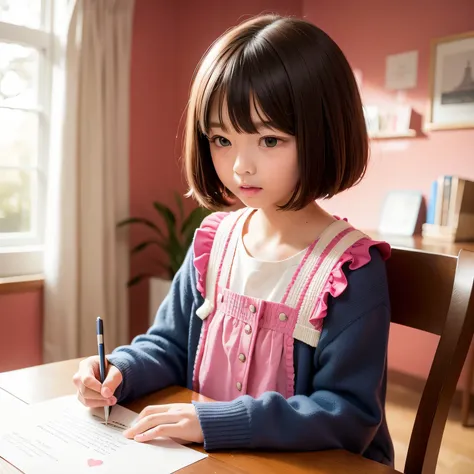 A very elementary school student is writing a letter at his desk..、realistic pictures ,masterpiece, highest quality、Spreading black hair、bob cut with trimmed ends、(flat chest)、girl&#39;my room、flower wallpaper、10 years old、pink and purple frilled one-piece...