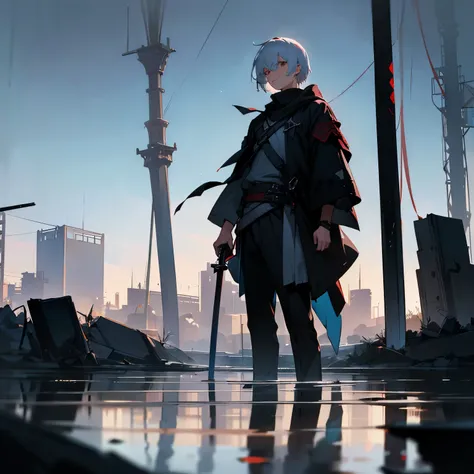 Boy 1, Assassins,(city of Baghdad is futuristic), fog,(a thin sword), white hair, medium short hair, standing on one of the destroyed houses, fire, high resolution, modern clothes, in a dark fantasy world, a lake in a red rose, reflection،(Male 1),(He look...