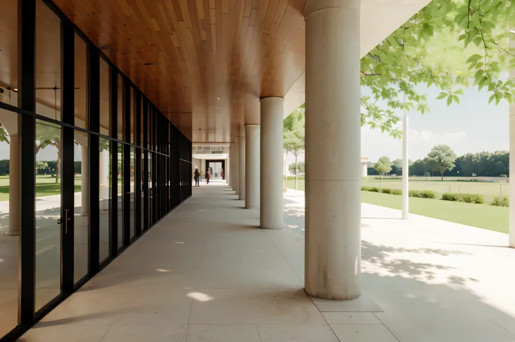 pessoas, cadeiras, there is a long walkway with columns and trees in the background, low angle dimetric rendering, digital renderinging, architectural rendering, detail rendering, architectural visualization, architectural rendering, award-winning renderin...