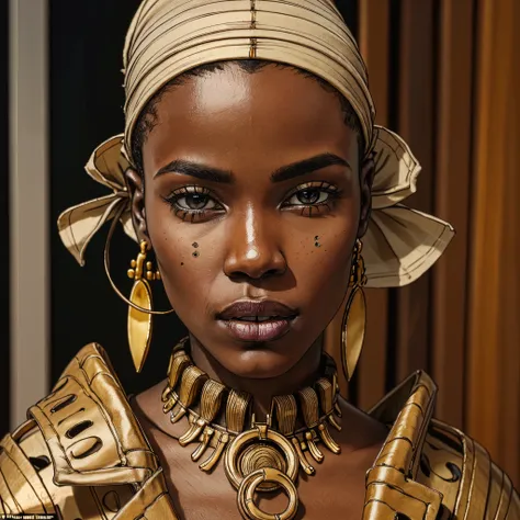 the striking features of an african fashion model are brought to life in this ai-generated image, with her flawless dark skin, f...