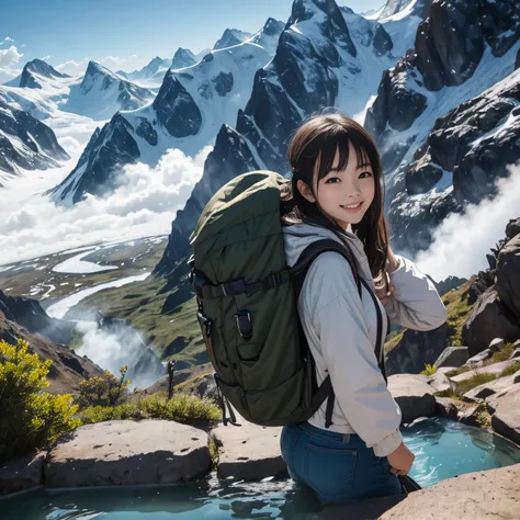 In 8K、highest quality、masterpiece、Super detailed、ultra high resolution、mountain girl、young、girl、mountain climbing、smile、rucksack、cute、in front of my eyes、hot spring、