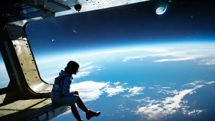 high quality wallpaper、outer space、I can see the earth below、the moon looks far away。A girl in a space suit floats。