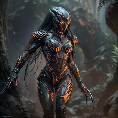 1 female alien, the predator, (extremely beautiful:1.2), (intense gaze:1.4), (predator:1.1), long dark claws, (nsfw:0.8), nipple...