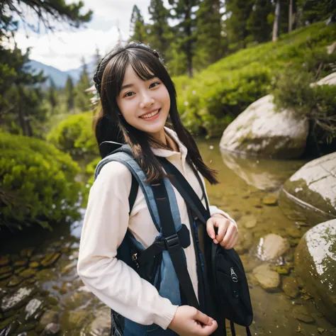 In 8K、highest quality、masterpiece、Super detailed、ultra high resolution、mountain girl、young、girl、mountain climbing、smile、rucksack、cute、in front of my eyes、hot spring、