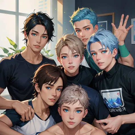 There are four smiling boys posing together for a photo in a room., fanart oficial, obra de arte al estilo de guweiz, realistic art style, Fanart detallado, fanart de alta calidad, inspirado en Yanjun Cheng, fanart exquisito muy detallado, digital anime il...