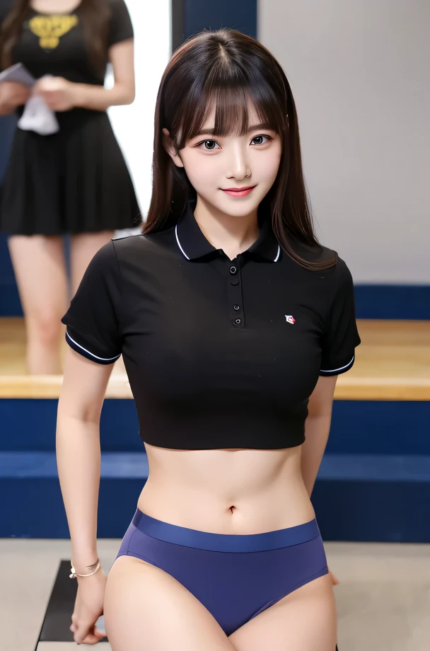 (8k、 highest quality、 masterpiece、 realistic、 Super detailed:1.3)、 female police officer、日本のfemale police officer制服、light blue short sleeve shirt、navy them、black tight skirt、belt、pull one up&#39;own tight skirt、smile、 Gym、 bangs、 (speech、 I have a micropho...