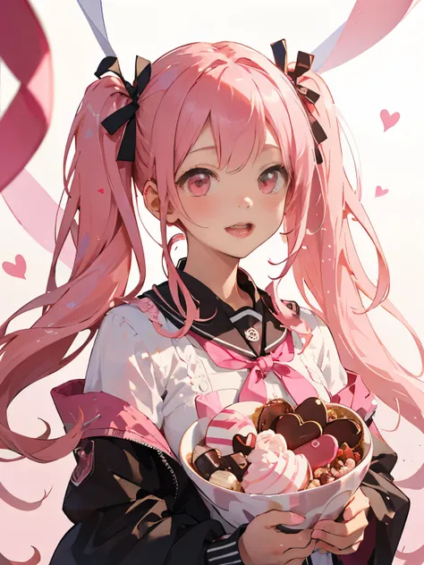 with a girl、no background、no background、background through、twin tails、two knots、pink hair、pink color、pink eyes、Valentine、candy、chocolate、Valentine’s Day、ribbon、cute、